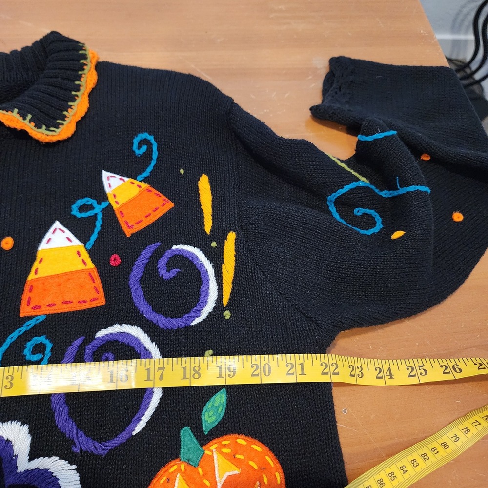 Yarnworks Vintage Halloween Zip Sweater Womens Large Black Orange Purple Boo 90s - Picture 11 of 15